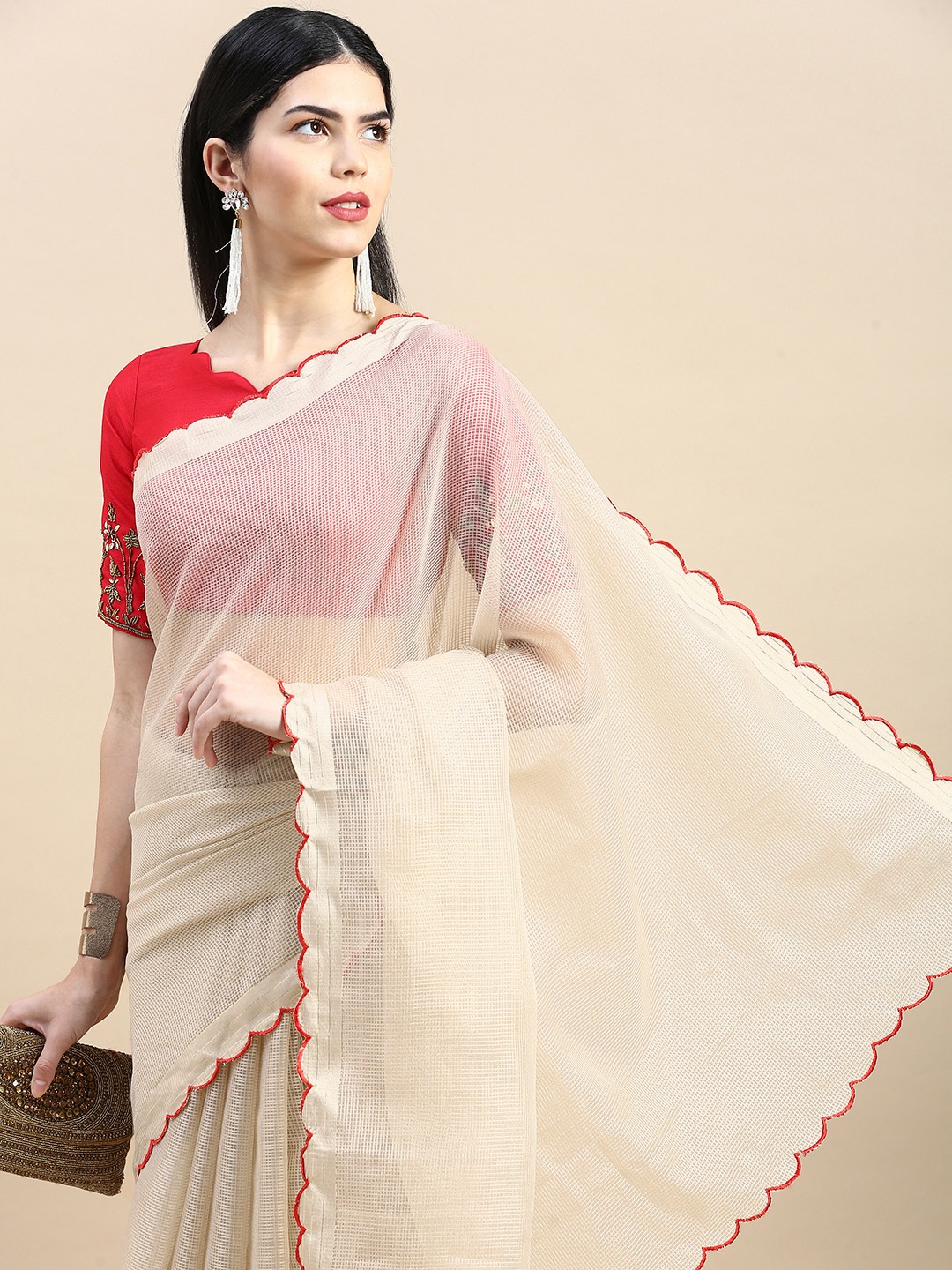 

LOOKNBOOK ART Embroidered Tussar Saree, Red