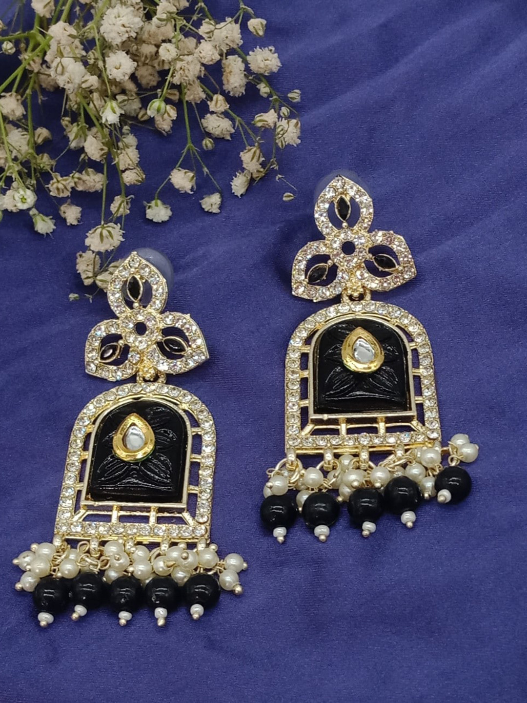 

AASHISH IMITATION Gold-Plated Kundan Drop Earrings, Black