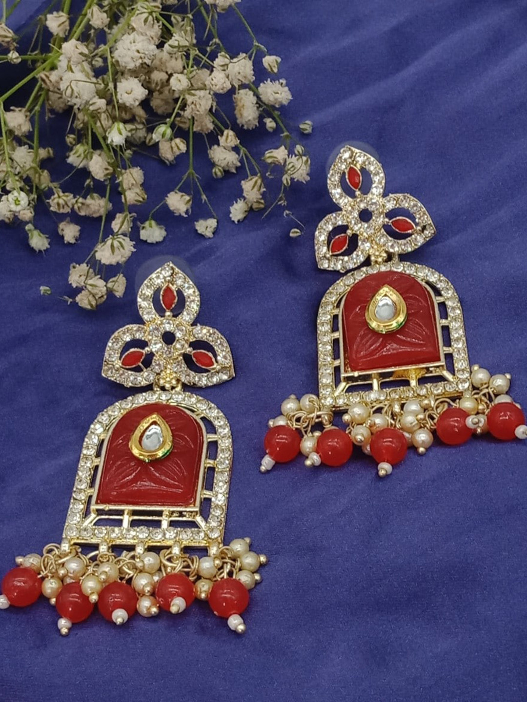 

AASHISH IMITATION Gold-Plated Kundan Drop Earrings, Red