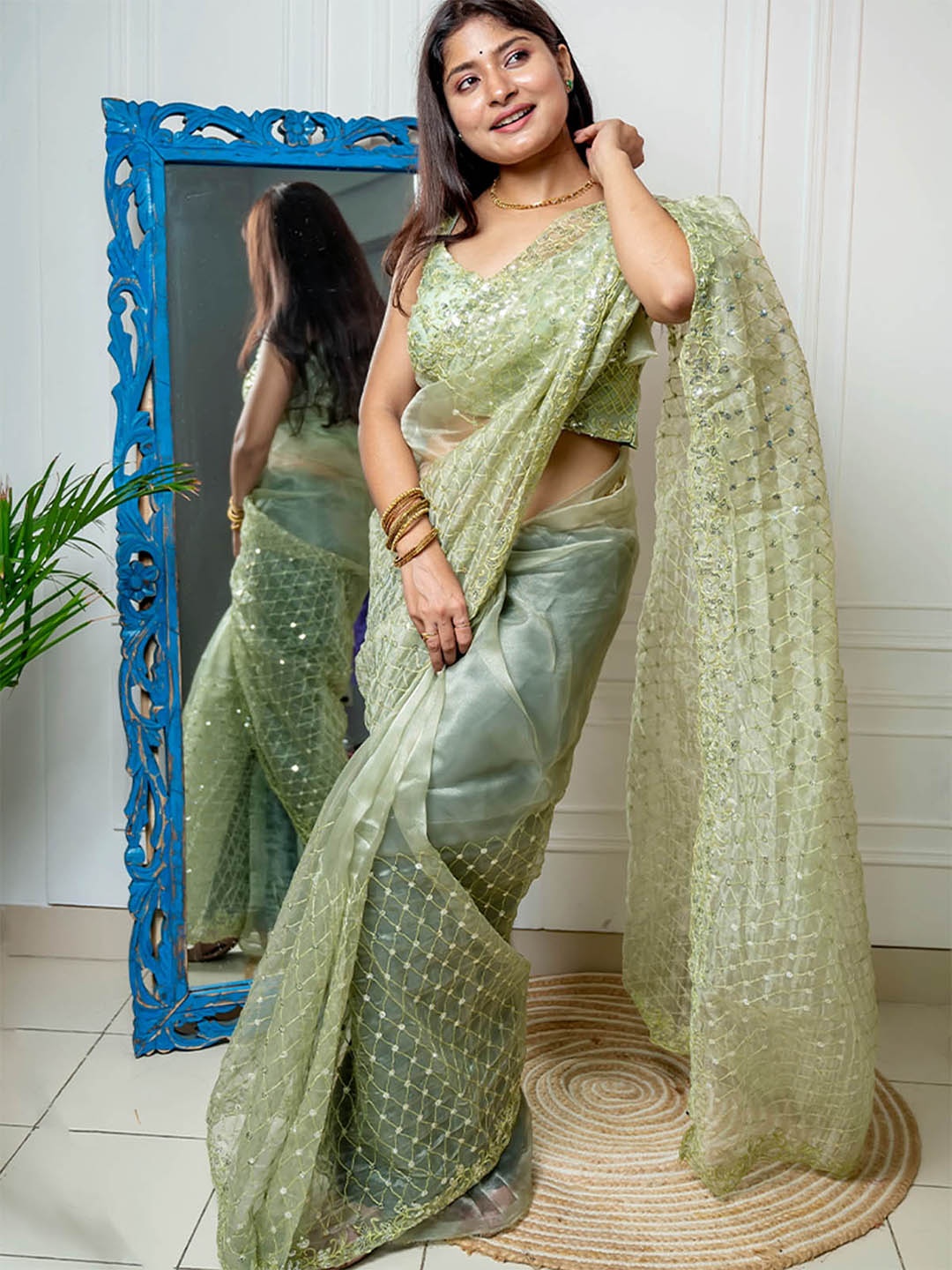 

ODETTE Embellished Sequinned Organza Saree, Green