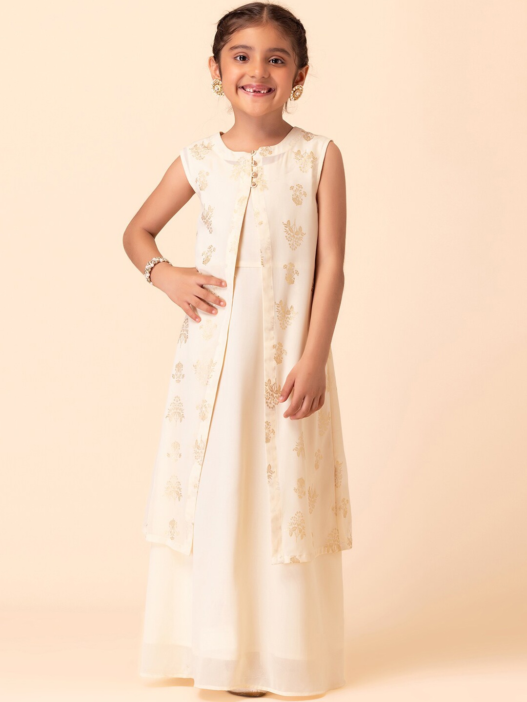 

Miss Indya SAMANT CHAUHAN Girls Round Neck Sleeveless Maxi Dress With Jacket, White