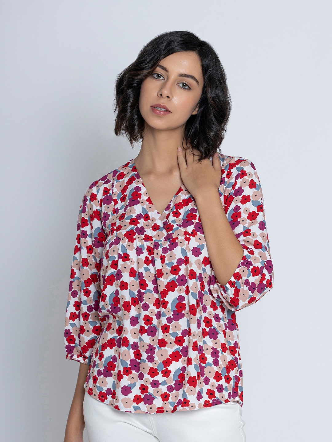 

B.Copenhagen Floral Printed V-Neck Puff Sleeves Gathered Detail Empire Top, White
