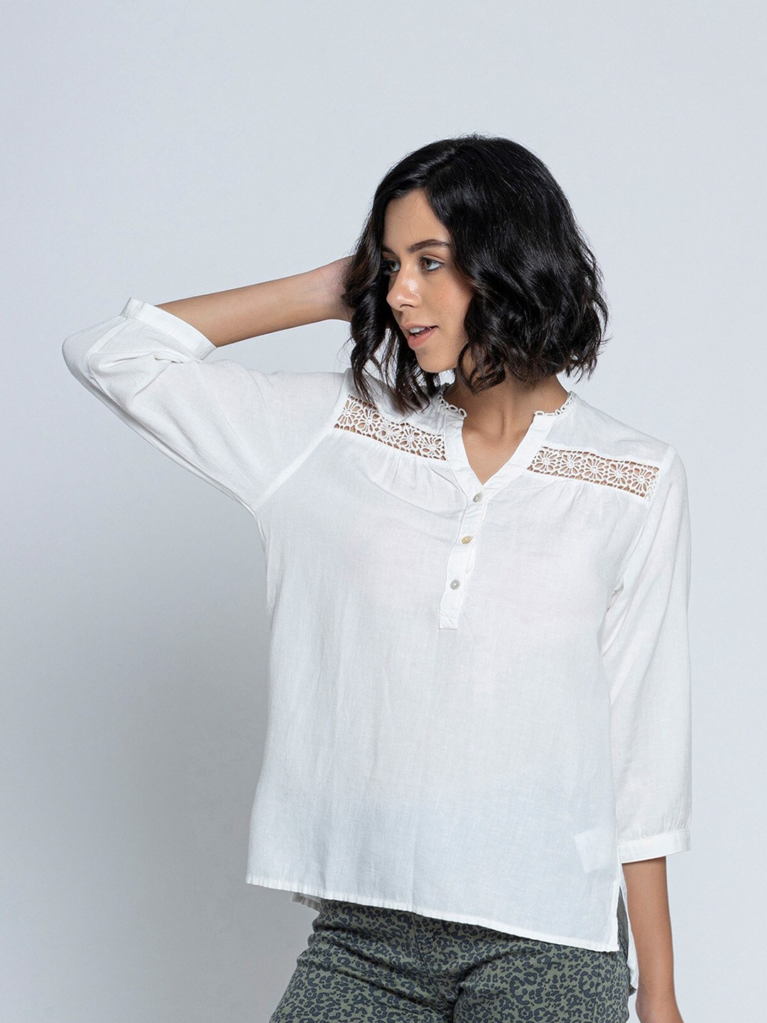 

B.Copenhagen Mandarin Collar Lace-Up Shirt Style Top, White