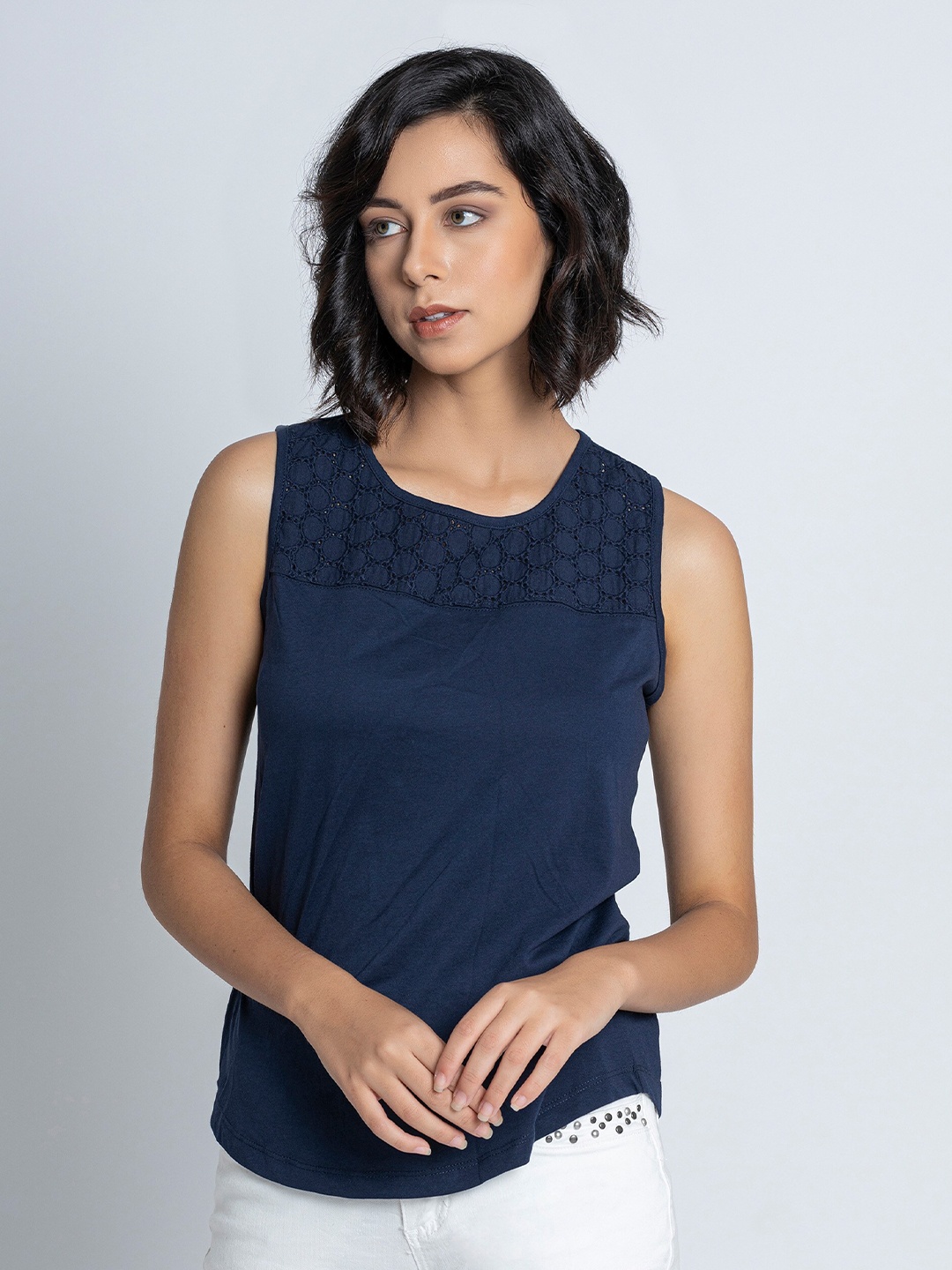 

B.Copenhagen Sleeveless Lace Pure Cotton Top, Navy blue