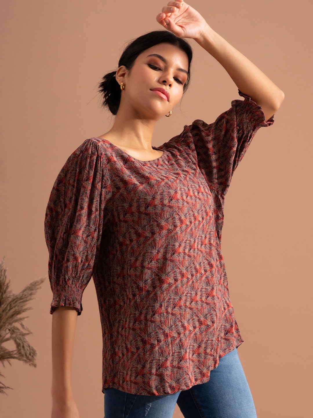 

B.Copenhagen Floral Printed Puff Sleeve Top, Brown