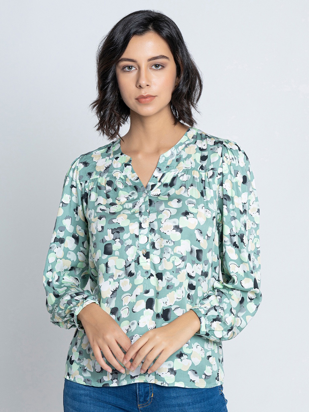 

B.Copenhagen Abstract Printed Mandarin Collar Gathered Modal Top, Sea green