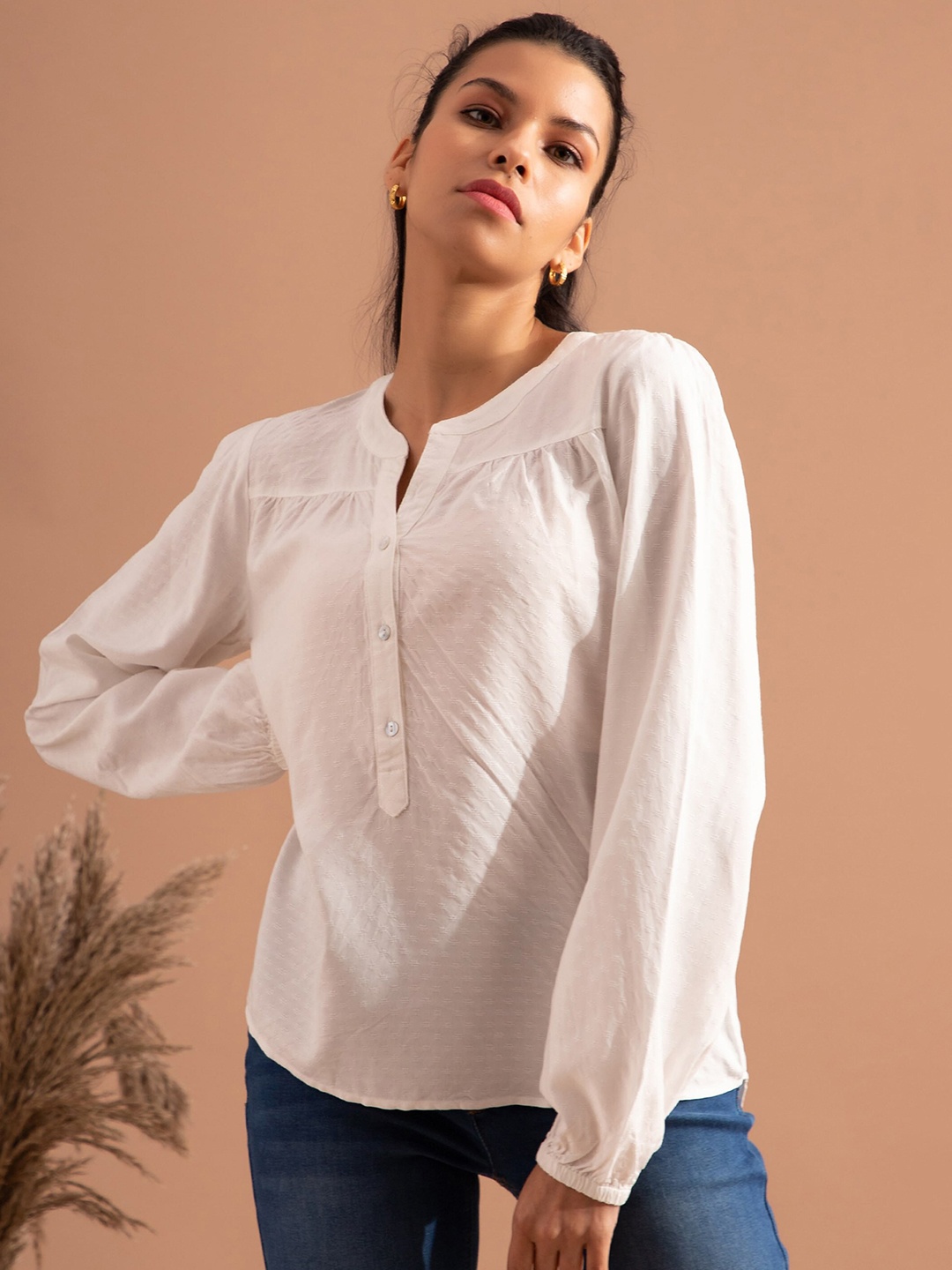

B.Copenhagen Mandarin Collar Cuff Sleeve Shirt Style Top, White