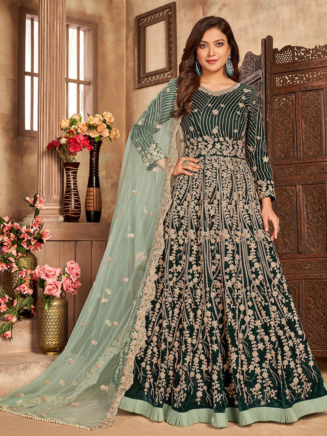

ODETTE Floral Embroidered Velvet Fit & Flare Maxi Ethnic Dresses With Dupatta, Green