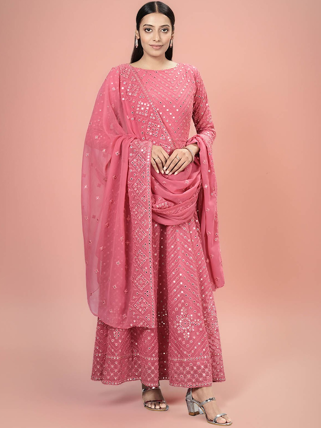 

ODETTE Embellished Flared Sleeves Georgette Anarkali Semi Stitched Kurta With Dupatta, Pink