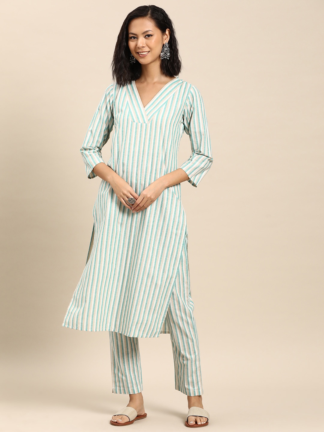 

anayna Women Striped Regular Pure Cotton Kurta with Trousers, White