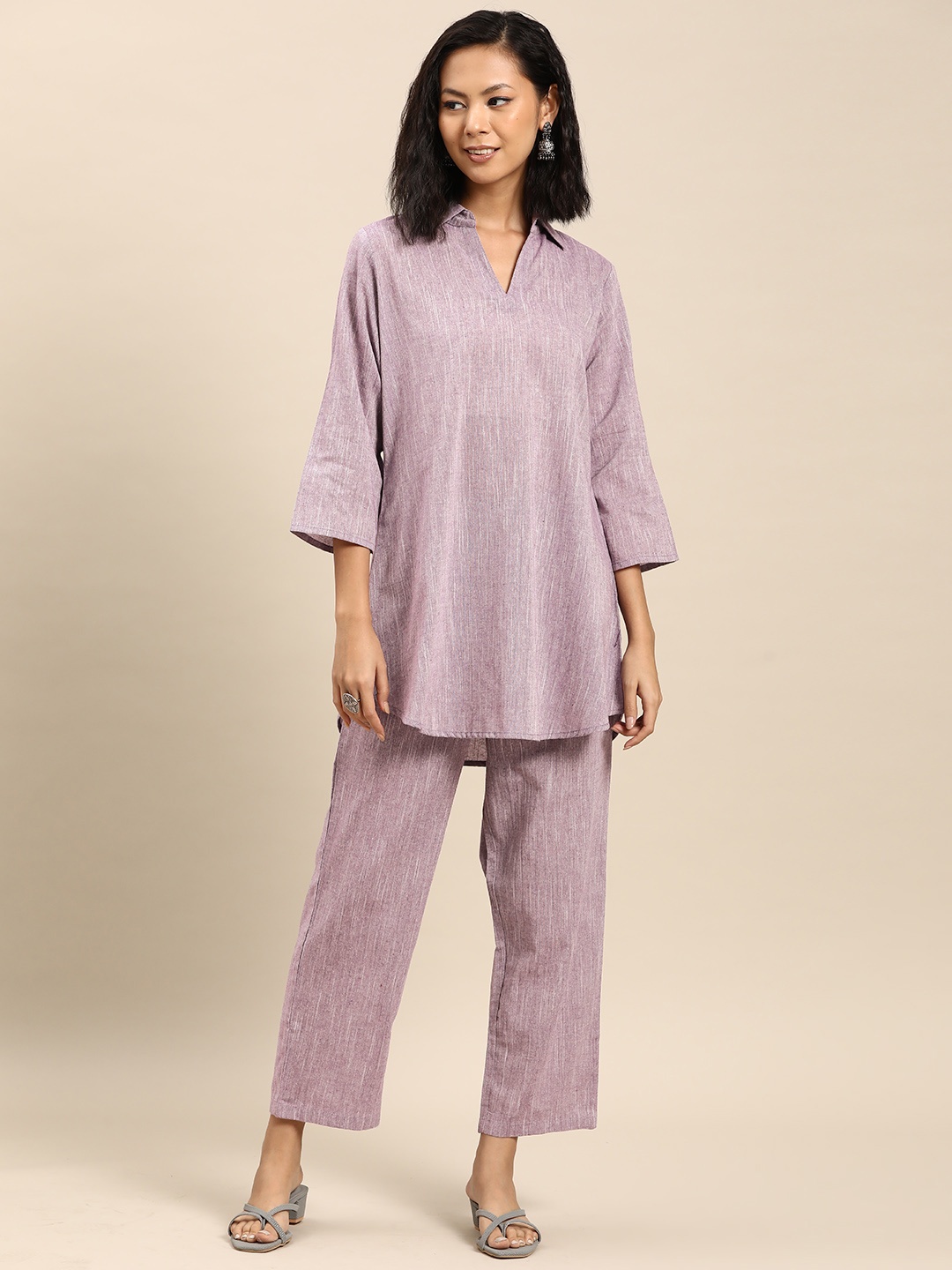 

anayna Women Regular Pure Cotton Kurta with Trousers, Mauve