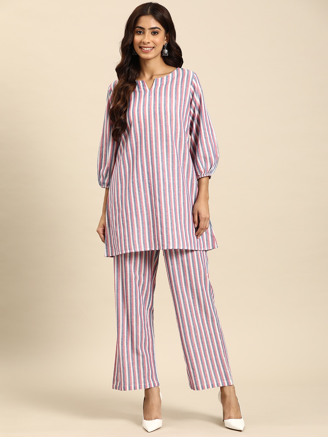

anayna Striped Puff Sleeves Pure Cotton Kurti with Palazzos, White