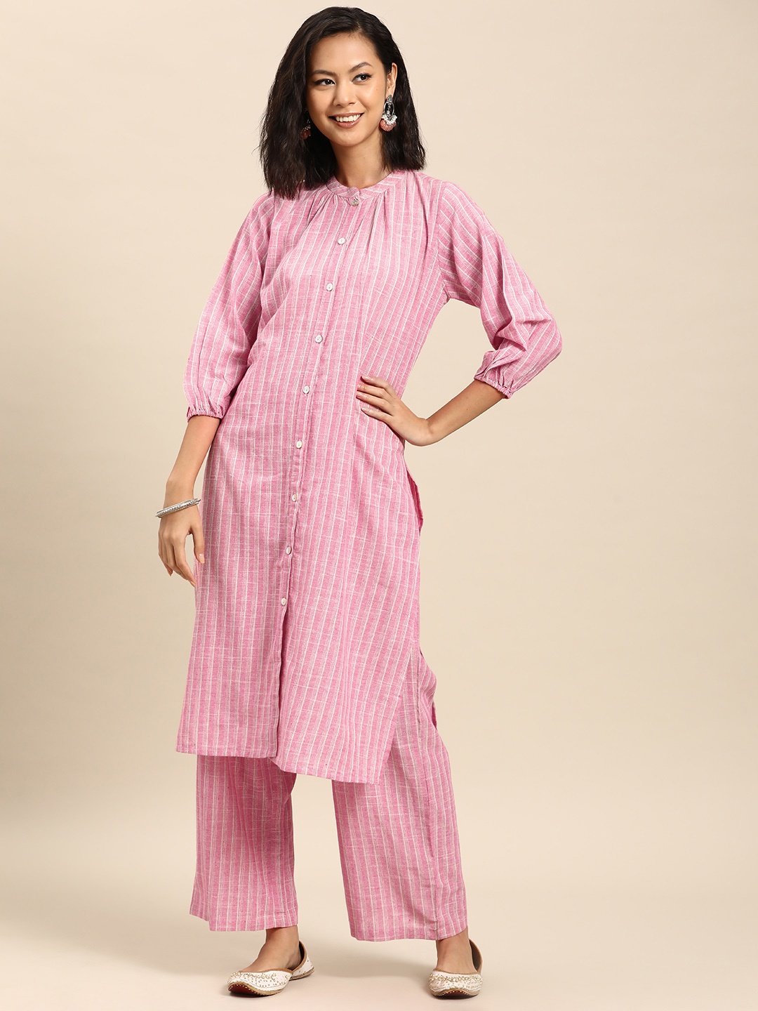 

anayna Women Striped Regular Pure Cotton Kurta with Trousers, Pink
