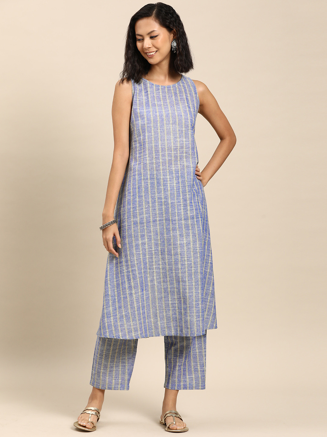 

anayna Women Striped Regular Pure Cotton Kurta with Trousers, Blue