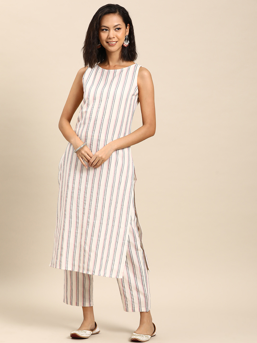 

anayna Women Striped Regular Pure Cotton Kurta with Trousers, Off white