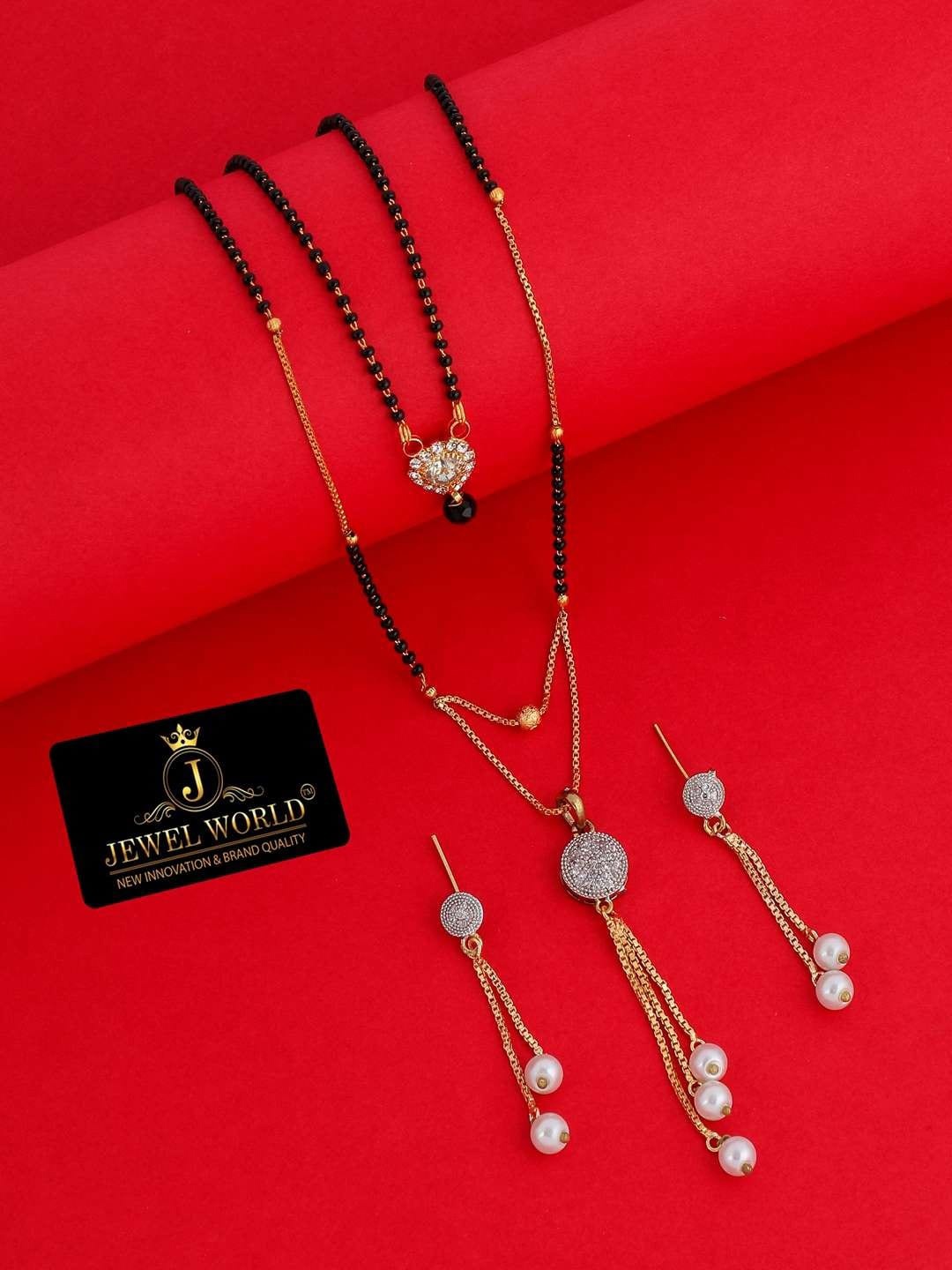 

JEWEL WORLD Gold-Plated Stone Studded & Beaded Mangalsutra With Earrings