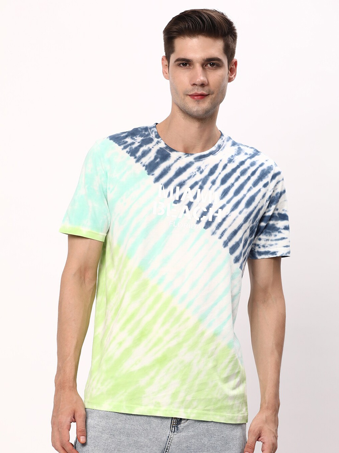 

R&B Varsity Round Neck Abstract Printed Cotton T-shirt, Blue