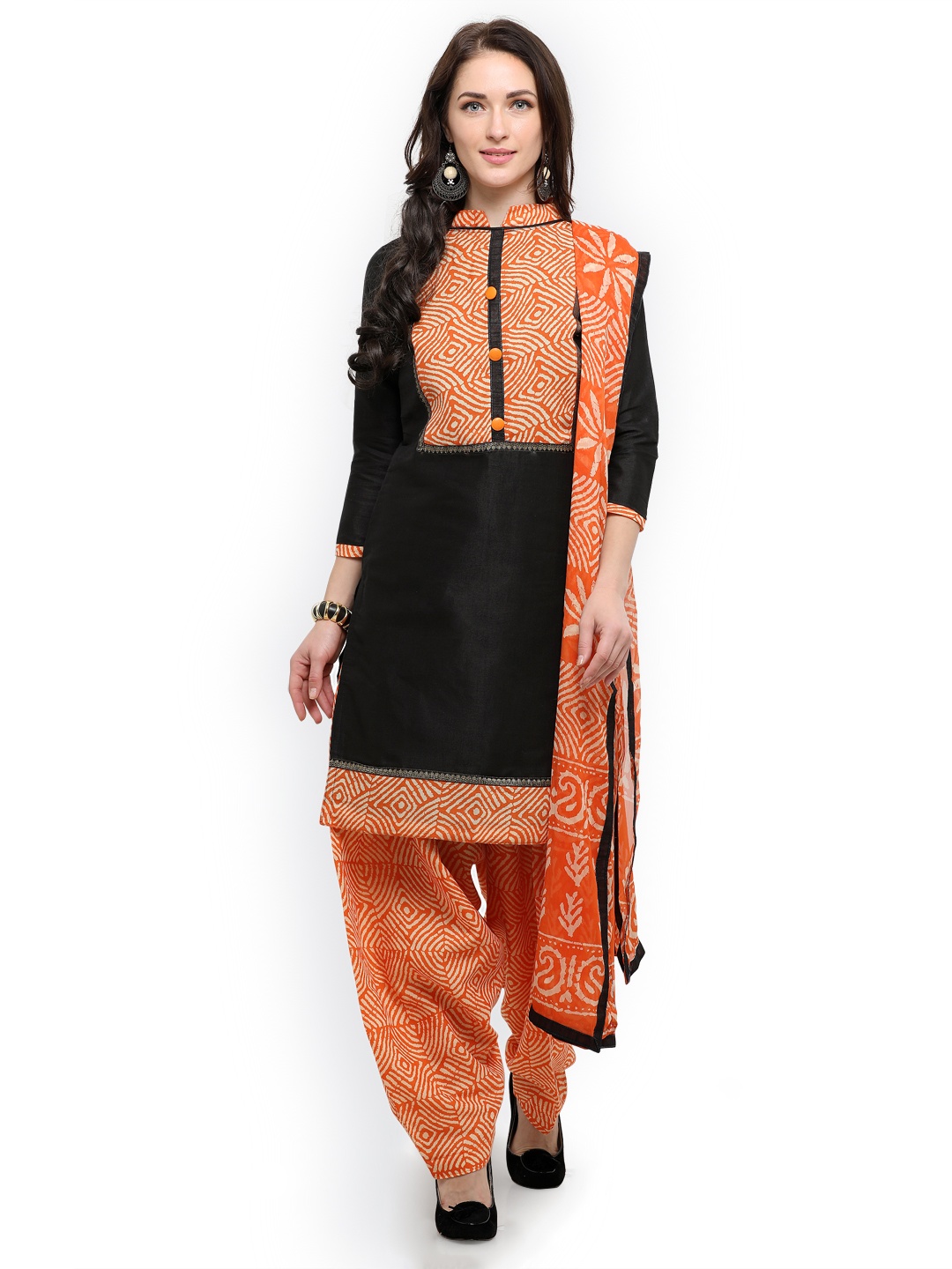 

Saree Mall Black & Orange Cotton Blend Unstitched Dress Material