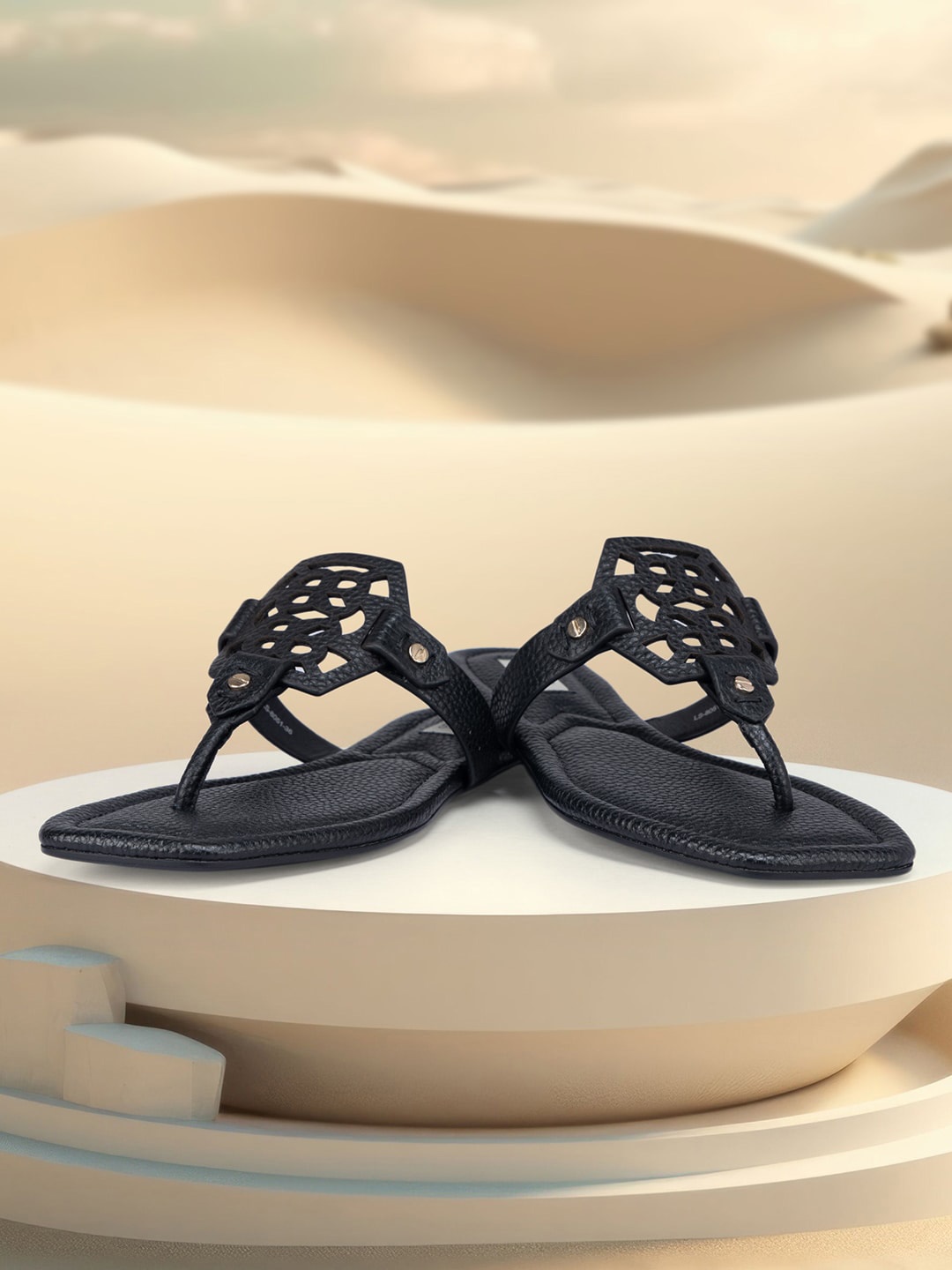 

ROSSO BRUNELLO Leather Open Toe Flats With Laser Cuts, Black