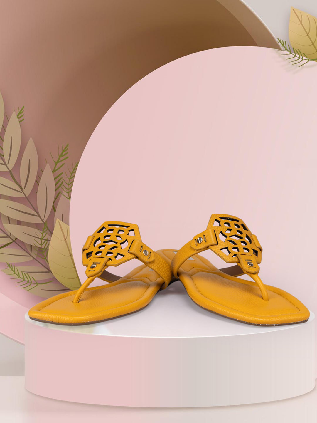 

ROSSO BRUNELLO Textured Leather Open Toe Flats With Laser Cuts, Yellow