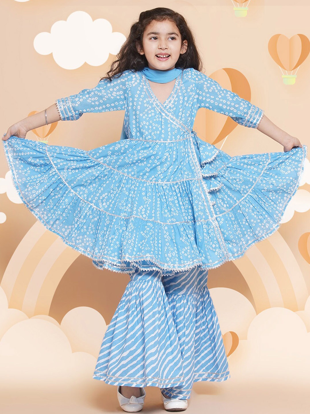 

Bitiya by Bhama Girls Bandhani Printed Angrakha Pure Cotton Kurta & Sharara With Dupatta, Blue