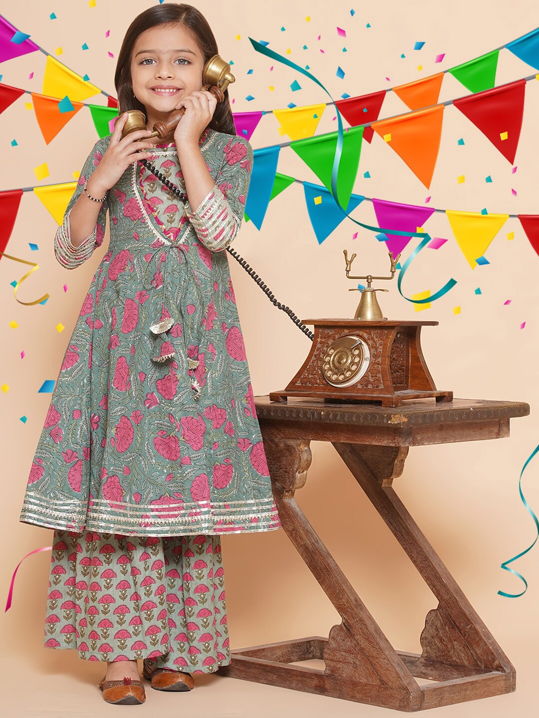 

Bitiya by Bhama Girls Floral Printed Gotta Patti Pure Cotton Kurta with Sharara, Green