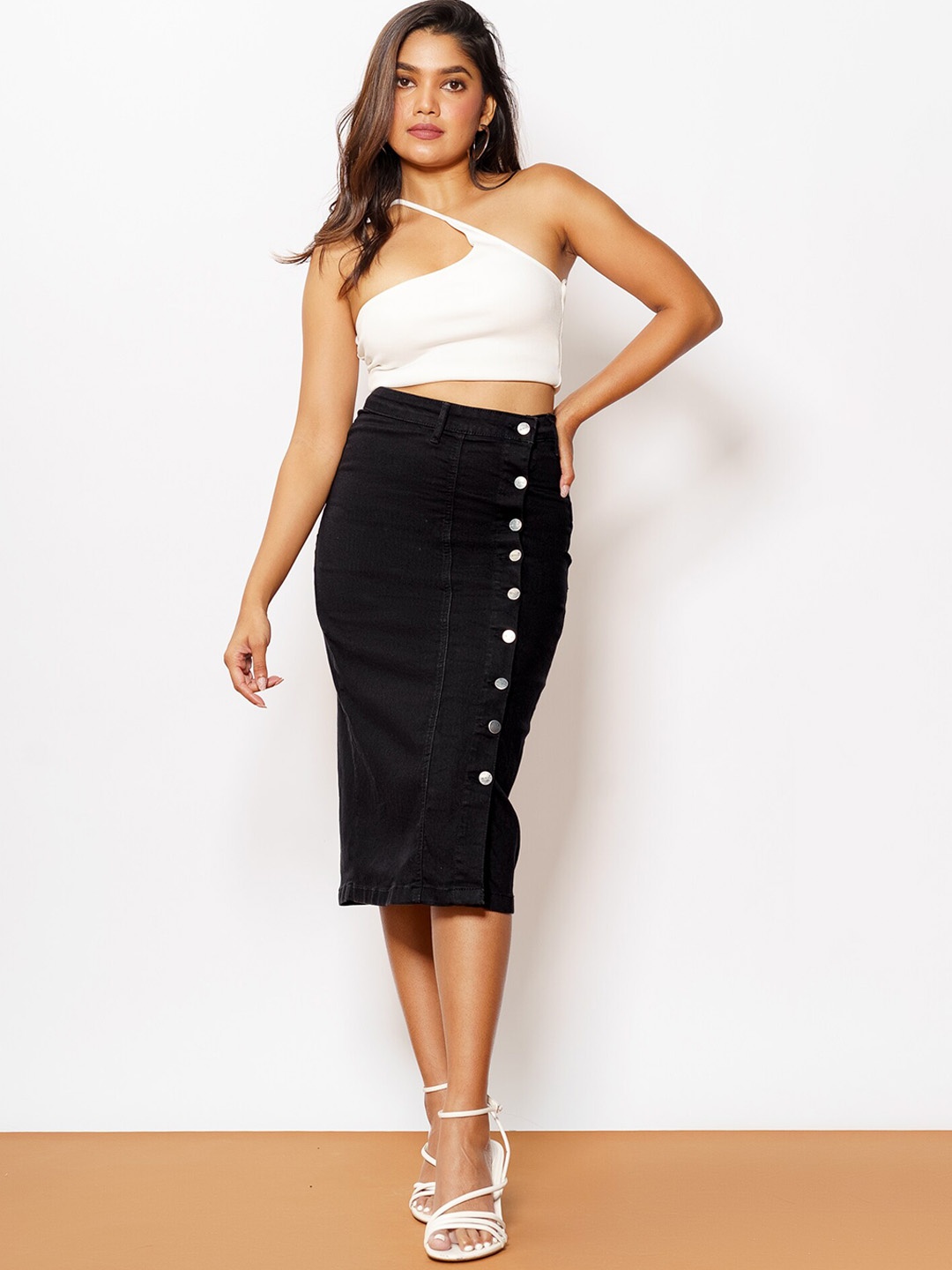 

FREAKINS Black Straight Hem Casual Midi A-Line Skirt
