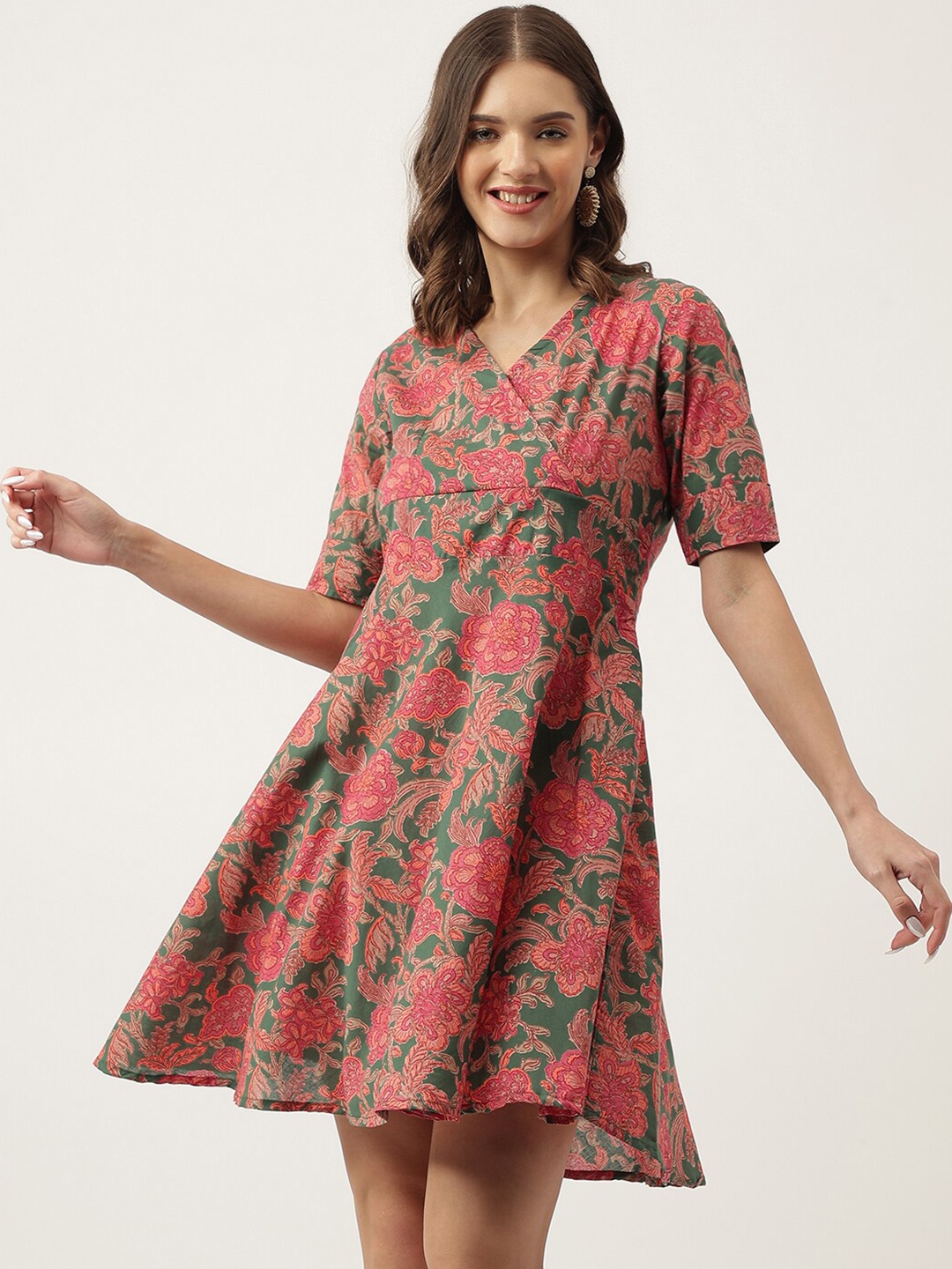 

Divena Floral Printed V-Neck Cotton A-Line Dress, Pink