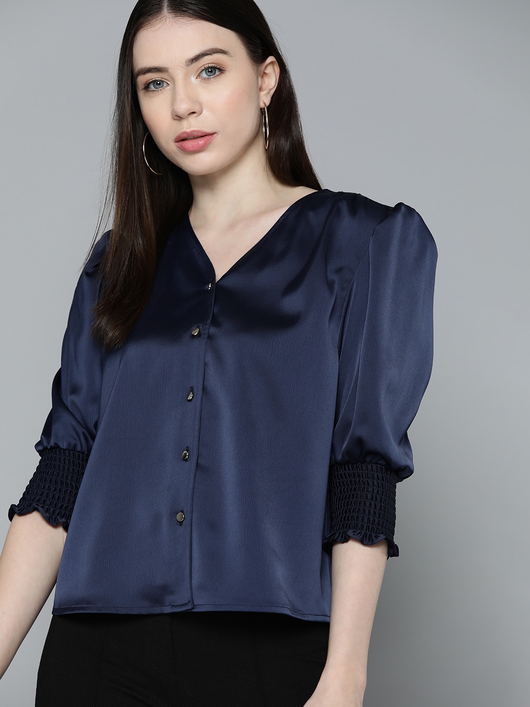 

Chemistry Puff Sleeve Satin Shirt Style Top, Navy blue