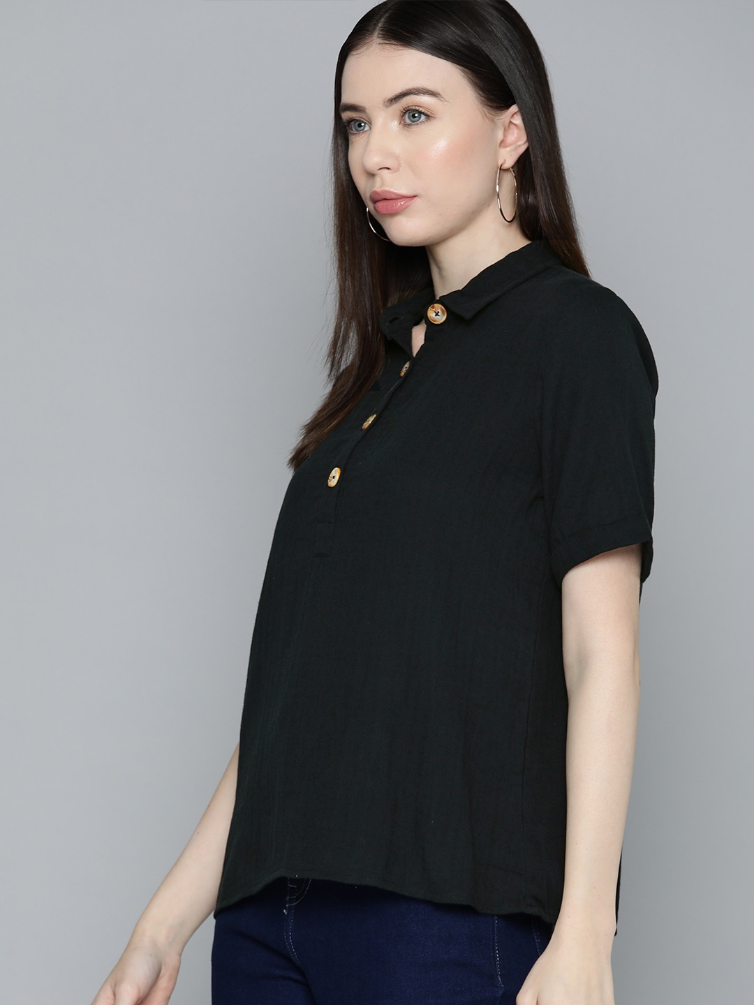 

Chemistry Solid Shirt Collar Top, Black