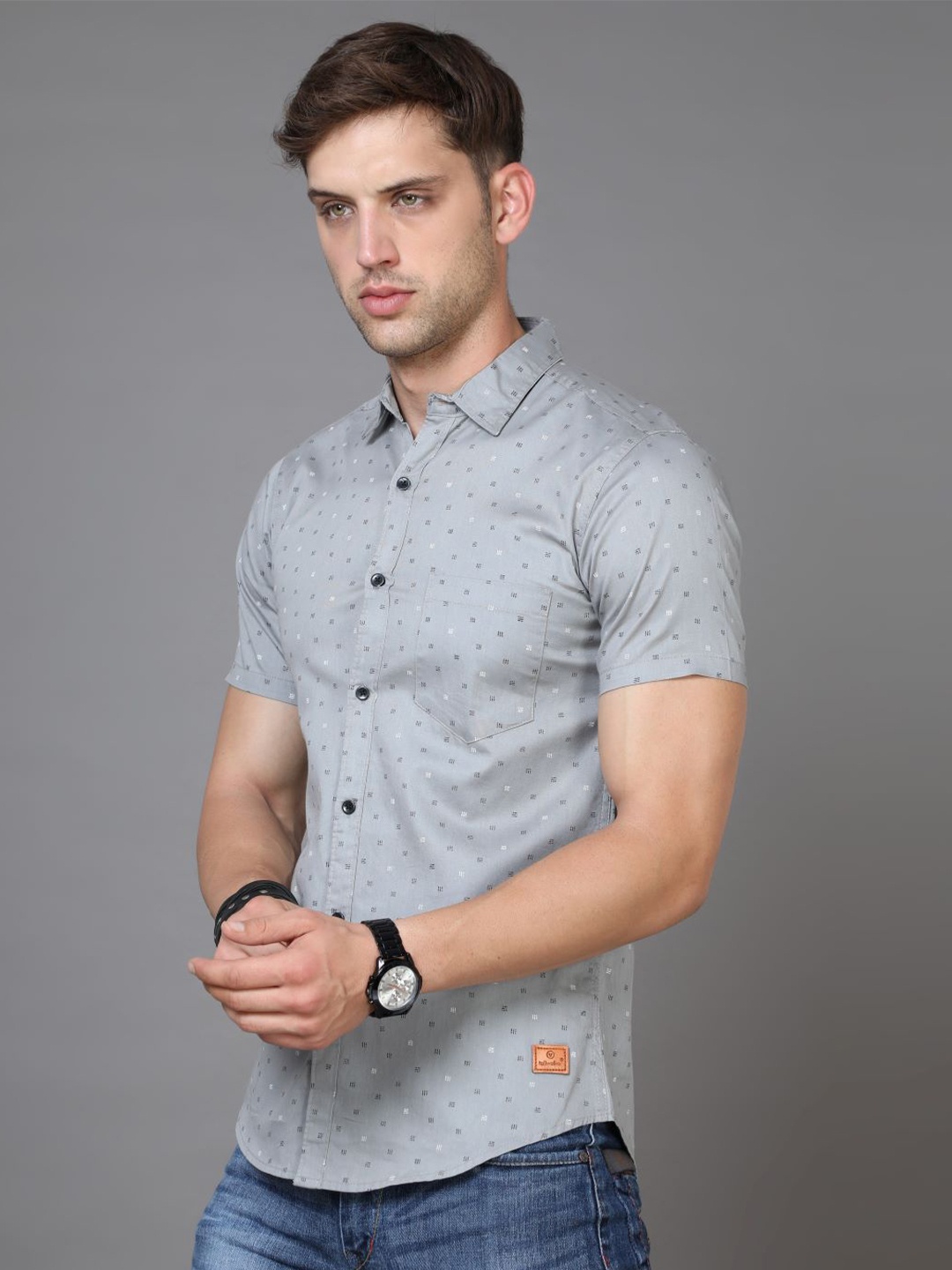 

Tallwalker Straight Slim Fit Abstract Printed Twill Casual Cotton Shirt, Grey