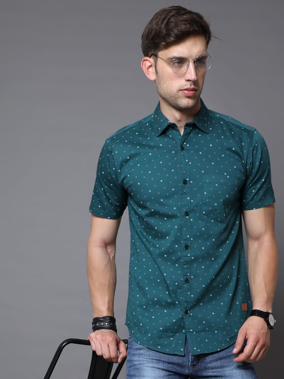 

Tallwalker Straight Slim Fit Abstract Printed Twill Casual Cotton Shirt, Teal