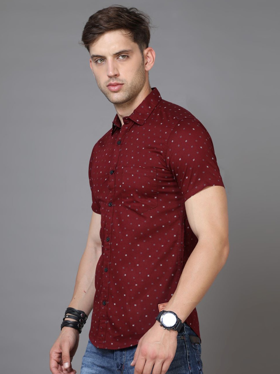 

Tallwalker Straight Slim Fit Abstract Printed Twill Casual Cotton Shirt, Red