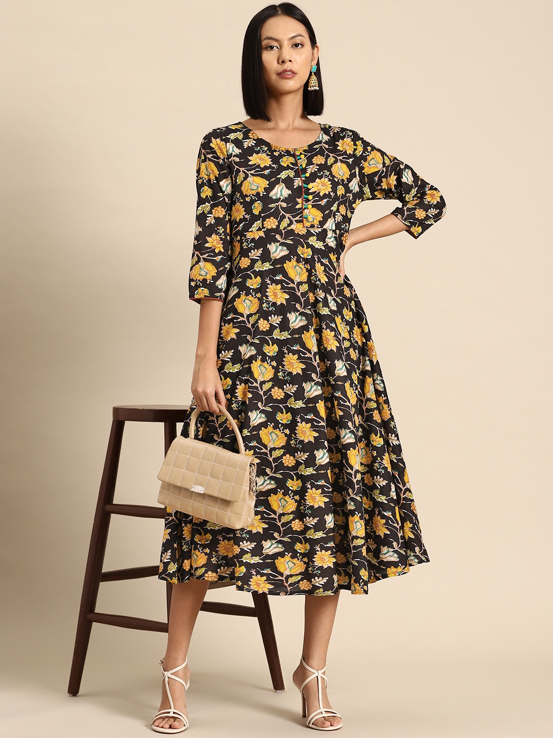 

all about you Floral Print Midi Ethnic Dress, Black