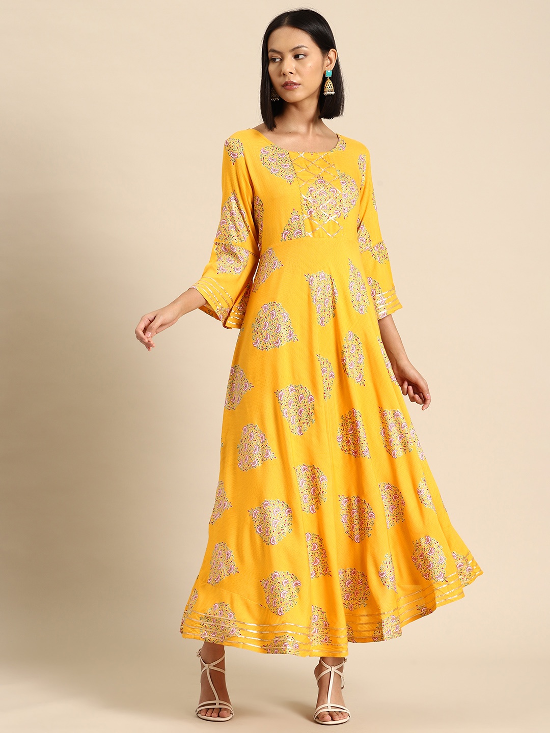 

all about you Floral Print Bell Sleeves Embellished Maxi Dress, Yellow