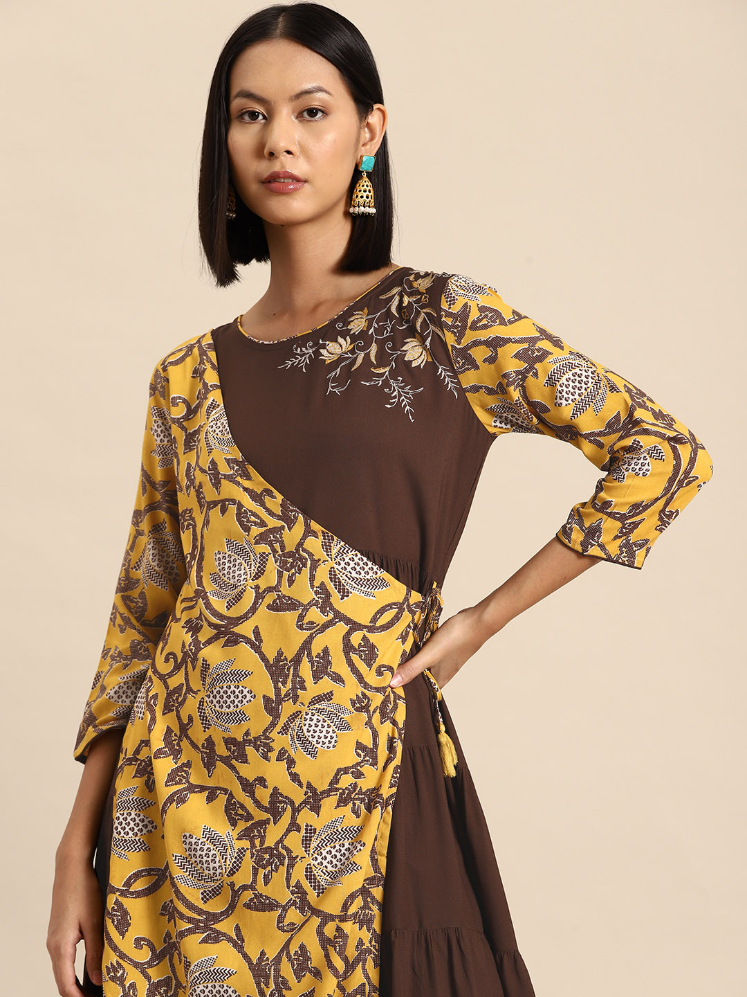

all about you Floral Print Embroidered Wrap Midi Dress, Yellow