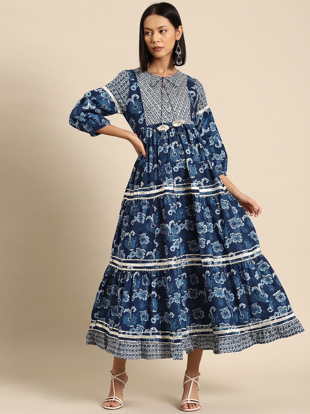 

all about you Floral Print Puff Sleeves Tie-Up Neck A-Line Maxi Dress, Blue