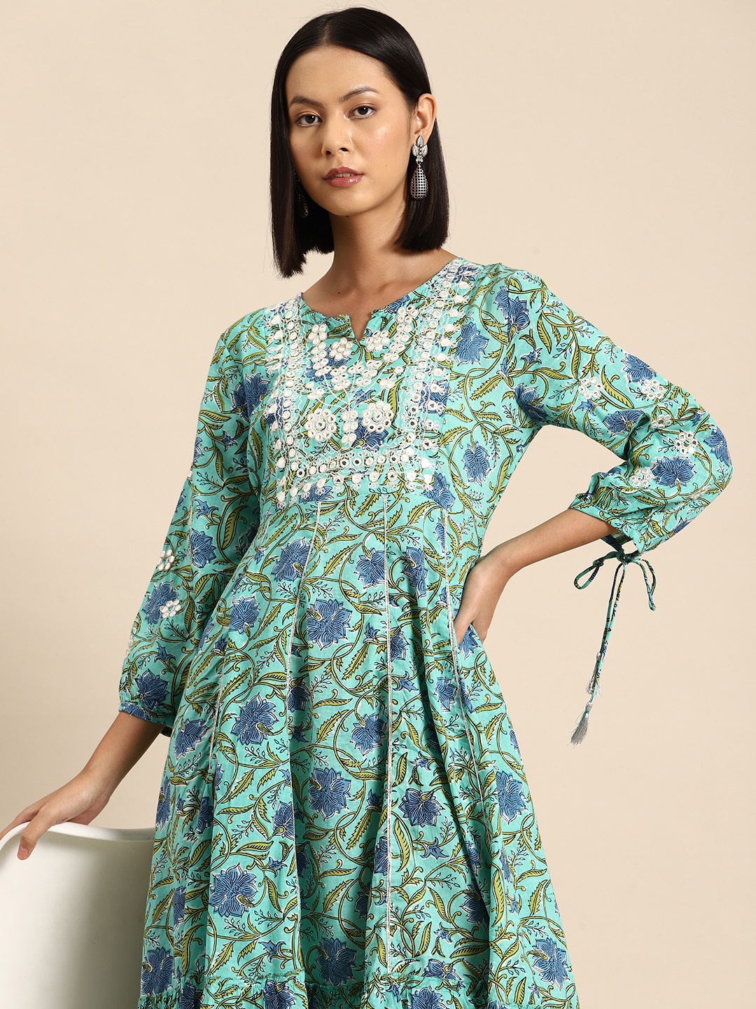 

all about you Floral Print Puff Sleeves Embellished A-Line Midi Dress, Green