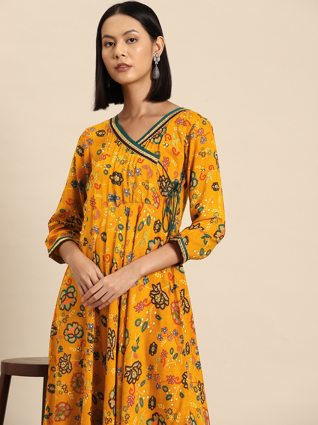

all about you Floral Print Embellished Maxi Wrap Dress, Mustard