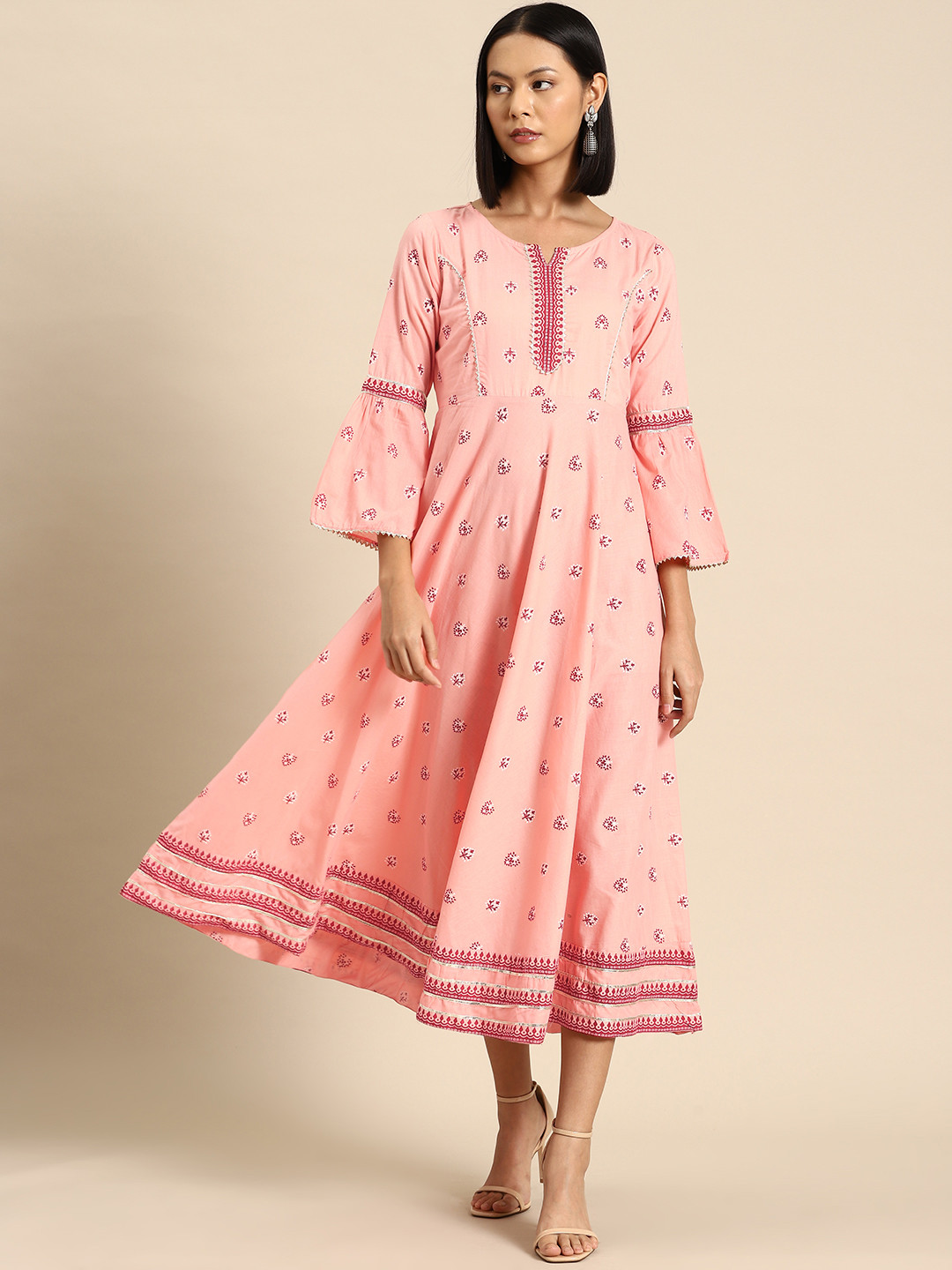 

all about you Floral Print Bell Sleeves Embellished A-Line Midi Dress, Peach