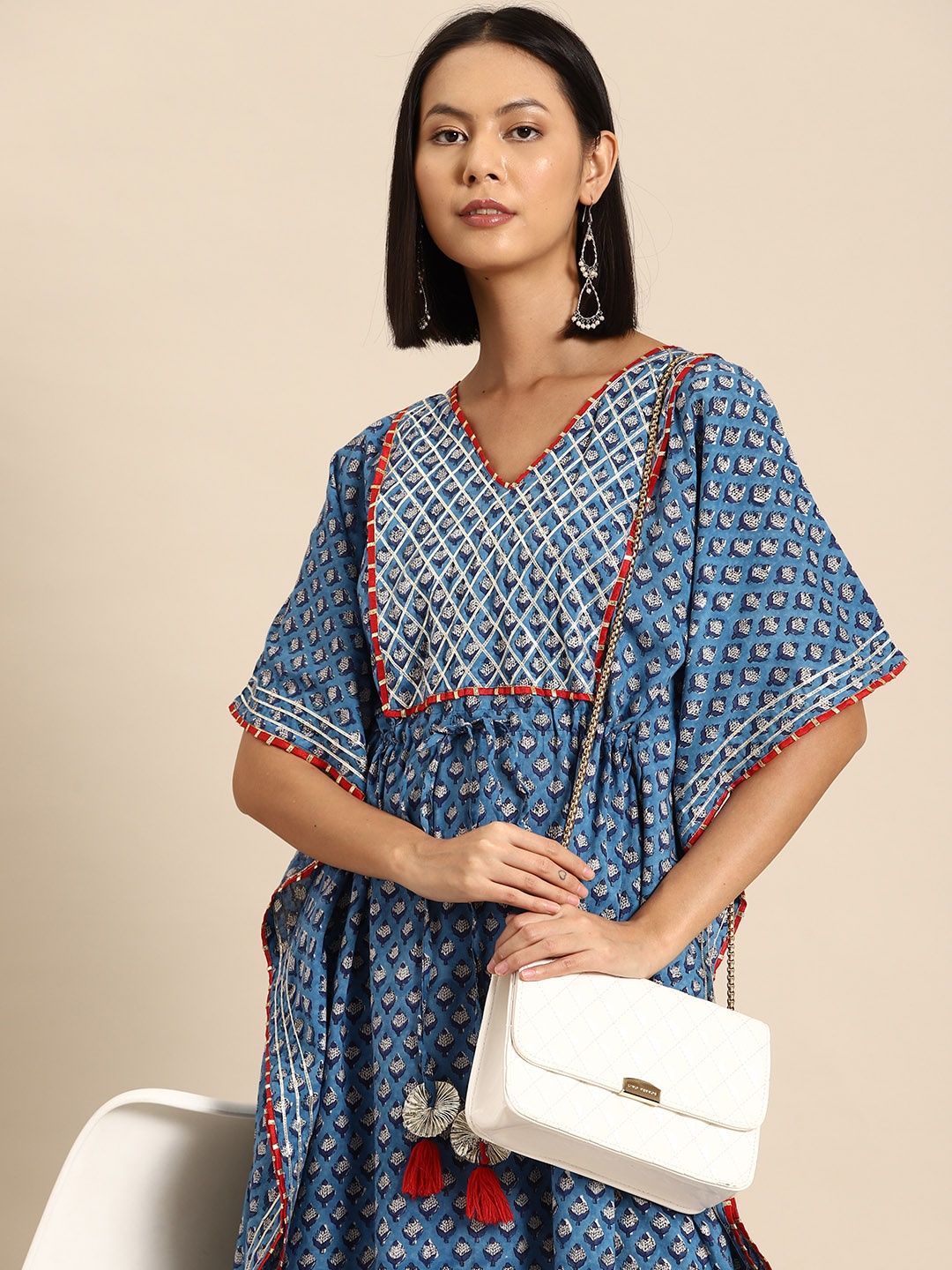 

all about you Ethnic Motifs Print Flared Sleeves Embelished Kaftan Midi Dress, Blue