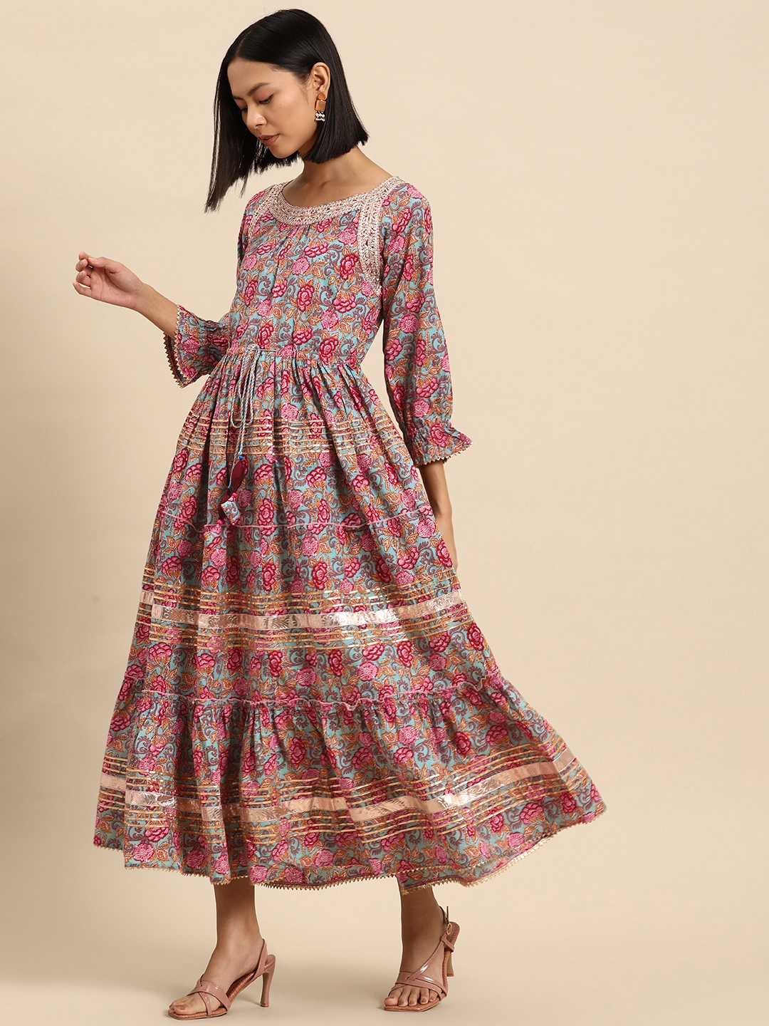 

all about you Ethnic Motifs Print Bell Sleeves Cotton Tiered A-Line Midi Dress, Green