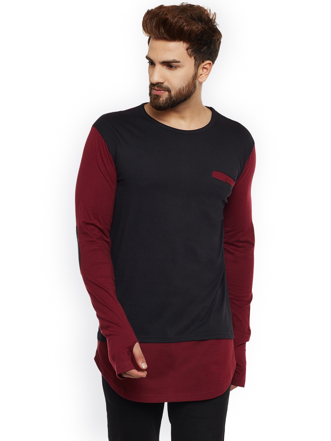 

Hypernation Black & Maroon Colourblocked Round Neck T-shirt
