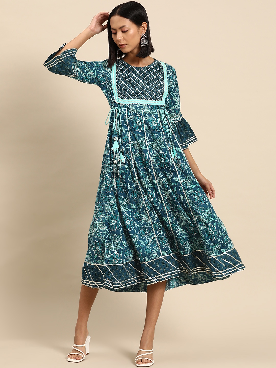 

all about you Floral Print Bell Sleeves Empire Style Cotton Midi Dress, Teal