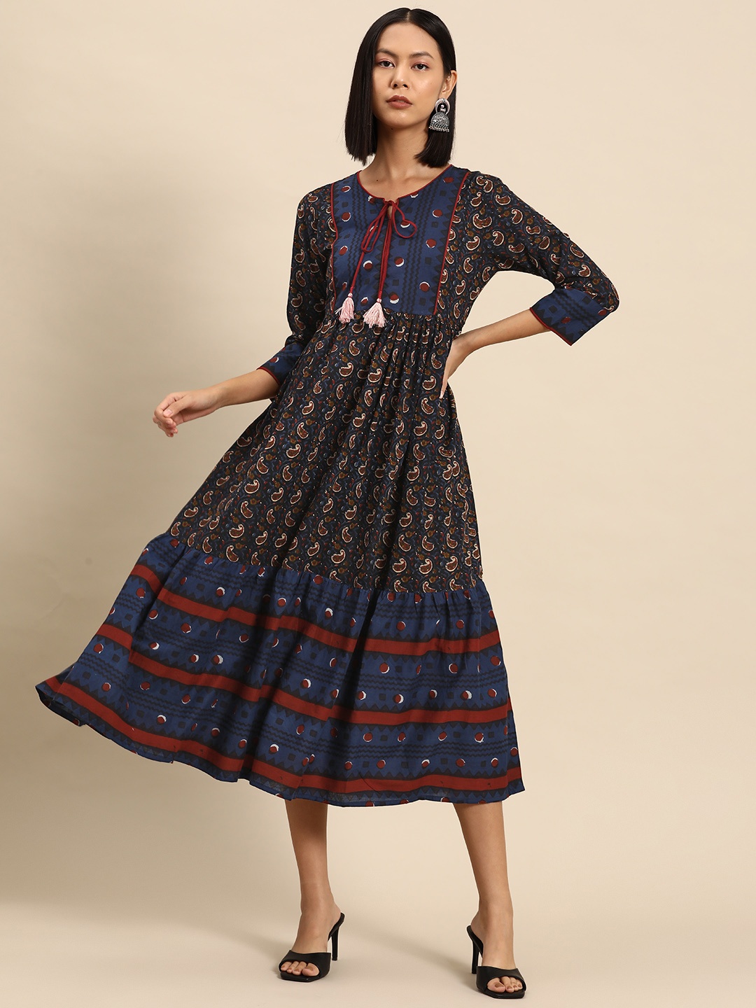 

all about you Ethnic Motifs Print Cotton A-Line Midi Dress, Navy blue