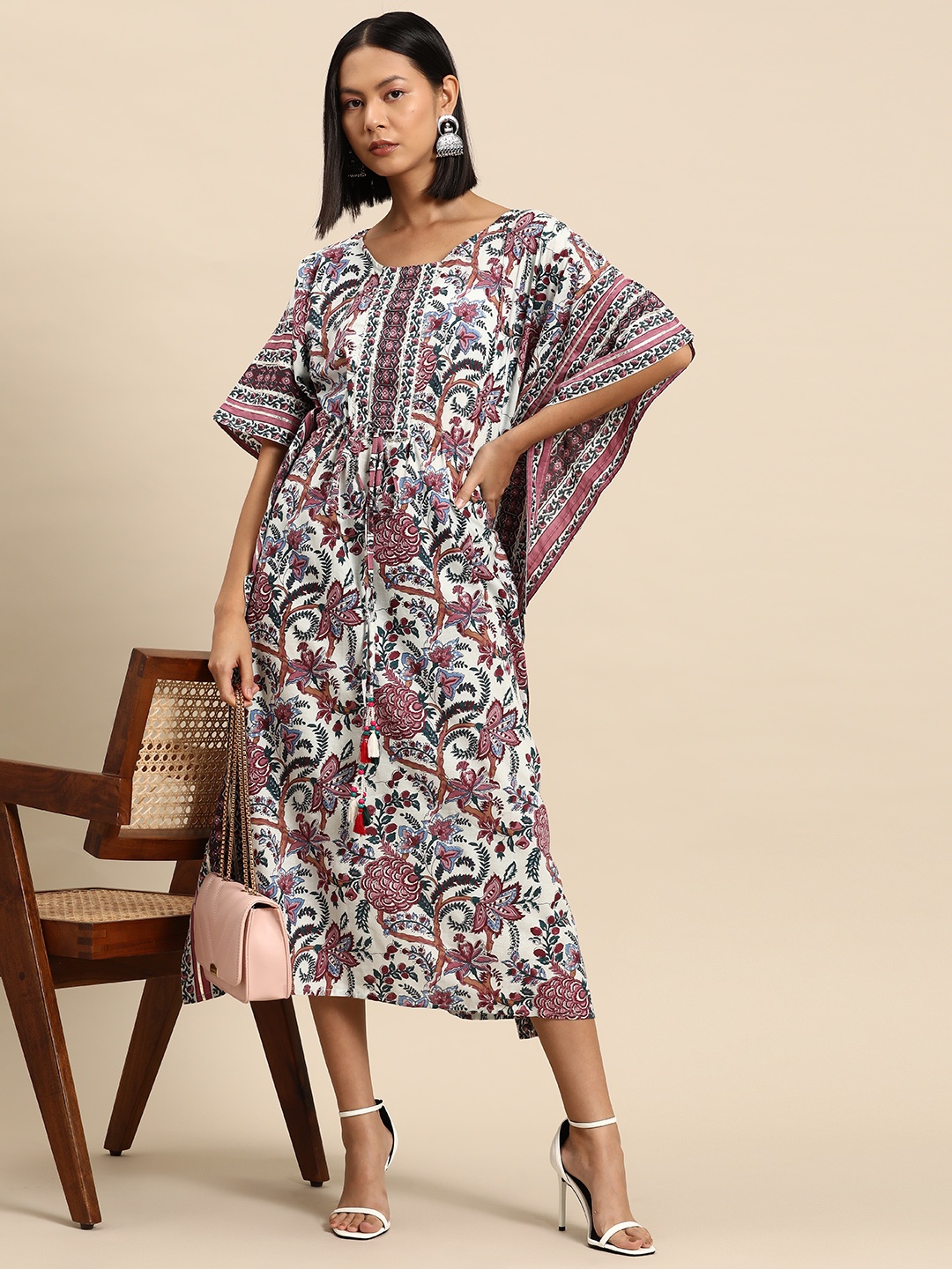 

all about you Floral Print Cotton Kaftan Dress, White