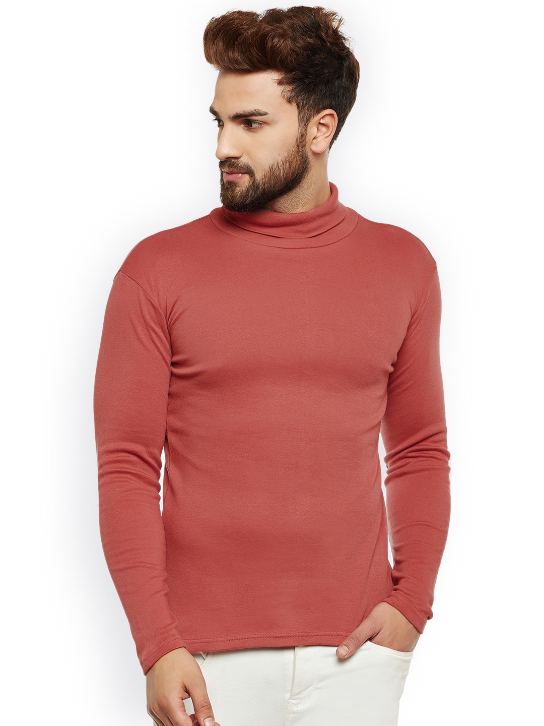 

Hypernation Men Rust Solid High Neck T-shirt