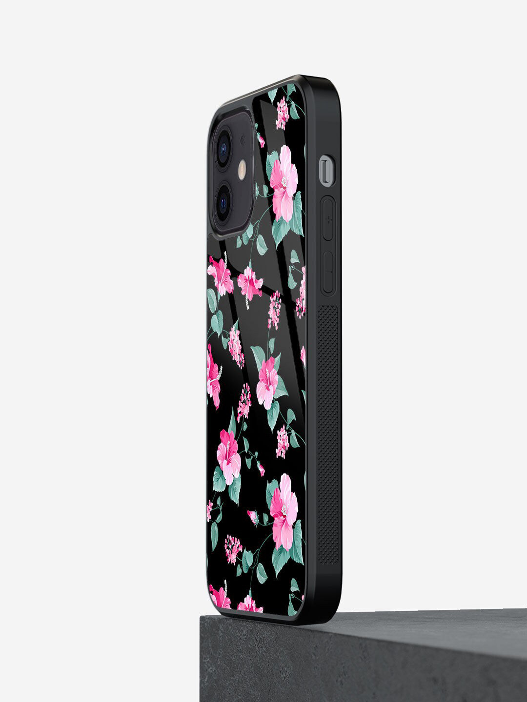 

macmerise iPhone 12 Mini SK Hibiscus Printed Glass Phone Back Cover, Black