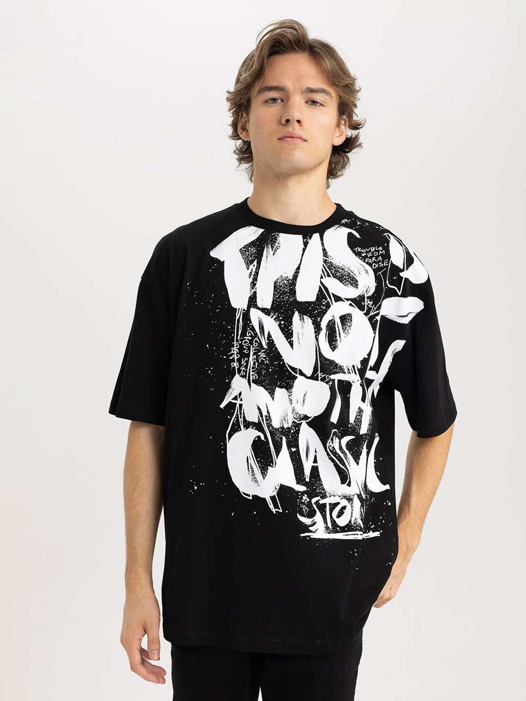

DeFacto Typography Printed Drop Shoulder Sleeves Pure Cotton T-shirt, Black