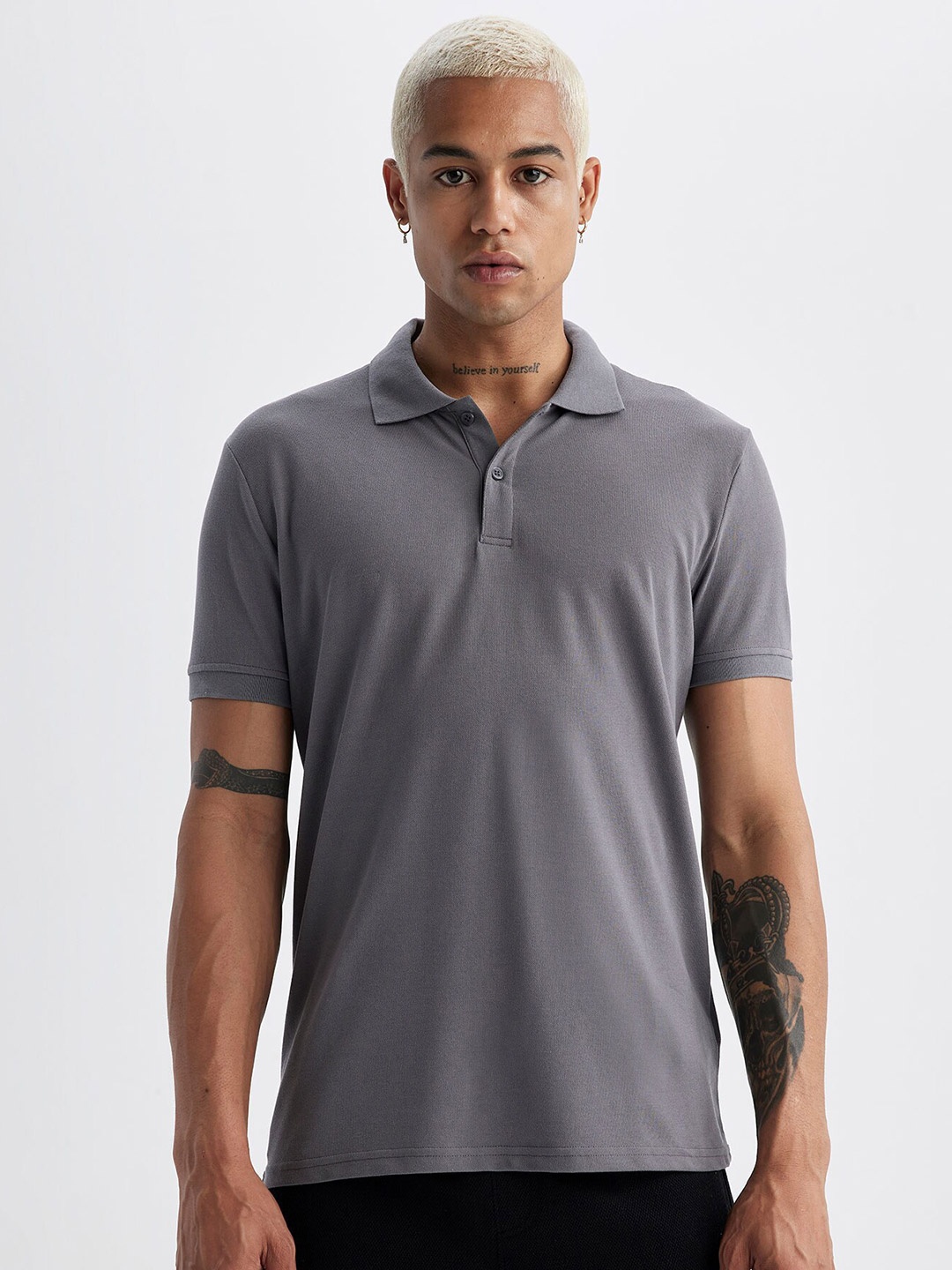 

DeFacto Polo Collar Knitted T-shirt, Grey
